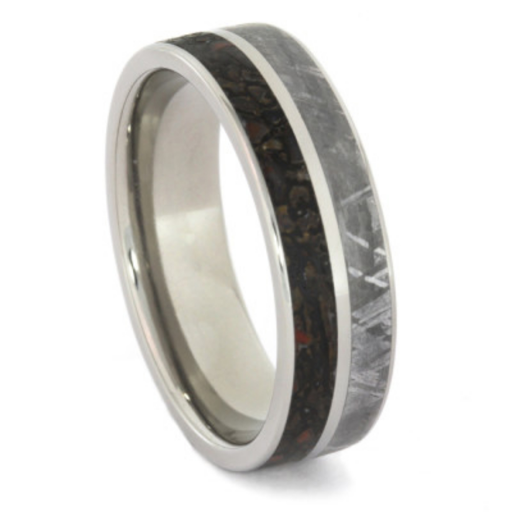 Dinosaur Bone and Gibeon Meteorite Inlay 8mm Comfort-Fit Polished Titanium Ring. 