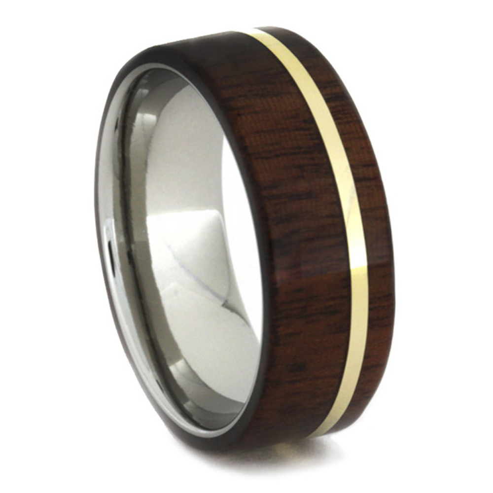 Ipe Wood with 14k Yellow Gold Pinstripe Overlay 8mm Comfort-Fit Matte Titanium Ring. 