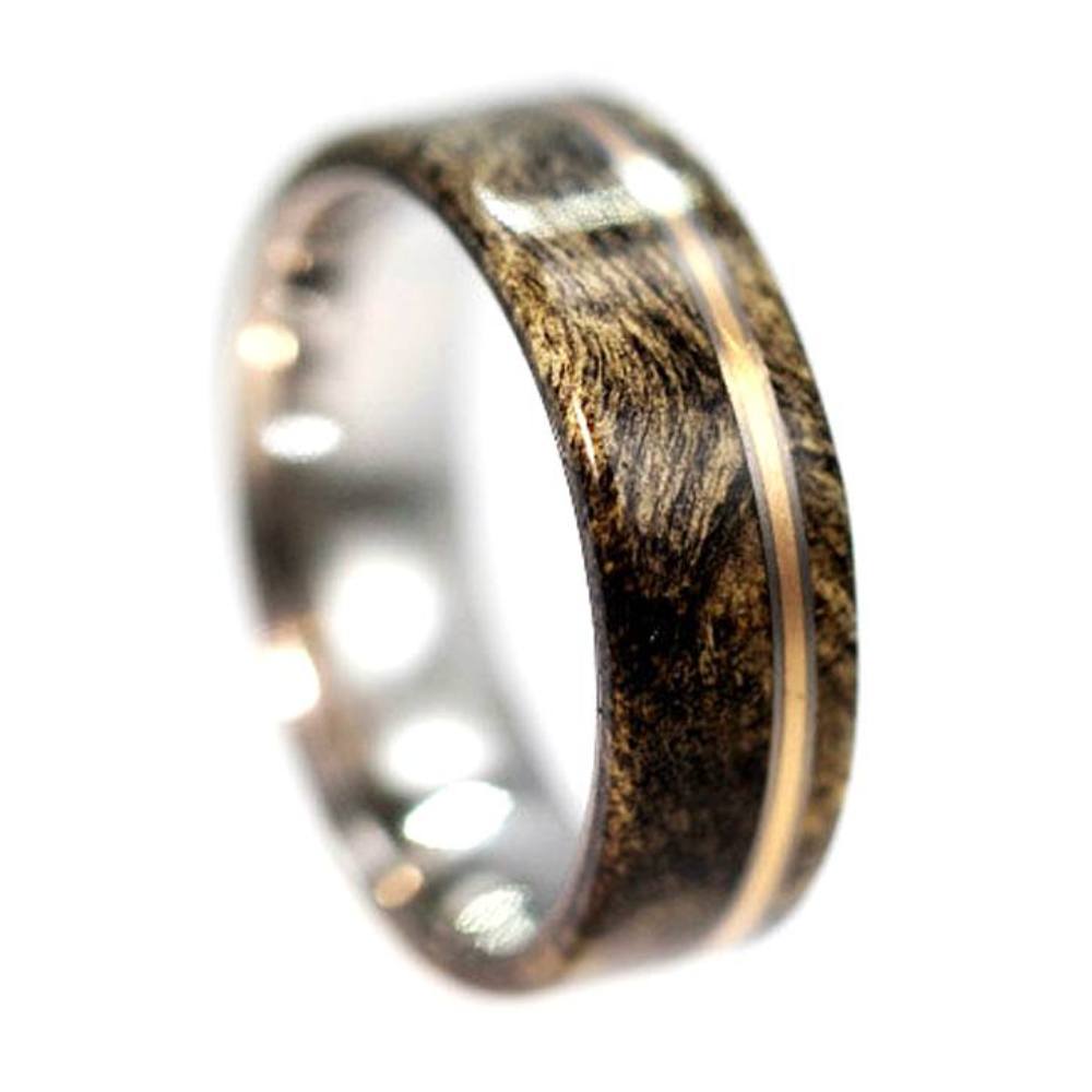 Buckeye Burl Wood, Bronze Pinstripes 7.5mm Comfort Fit Matte Titanium Wedding Band. 