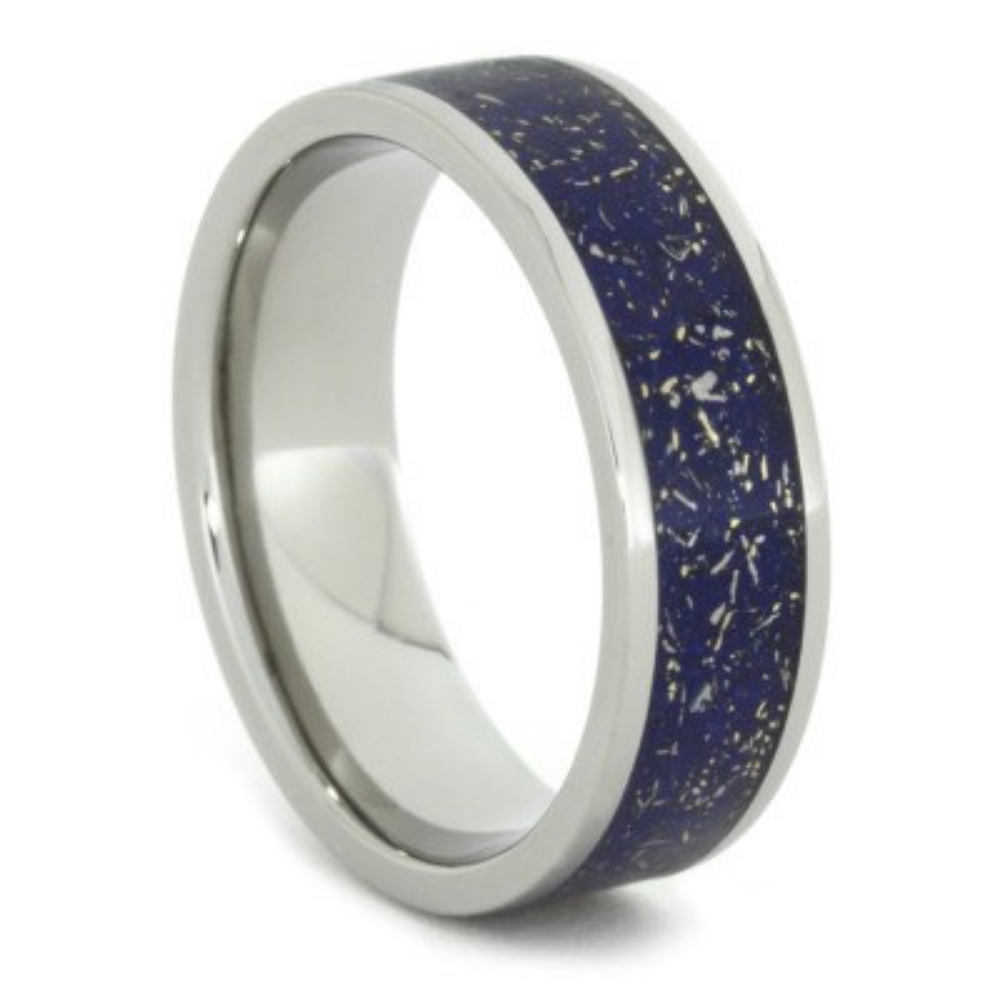 Colored Stardust and Gold and Metorite Shavings Blue, Green and Purple Inlay 7mm Comfort-Fit Titanium Ring. 