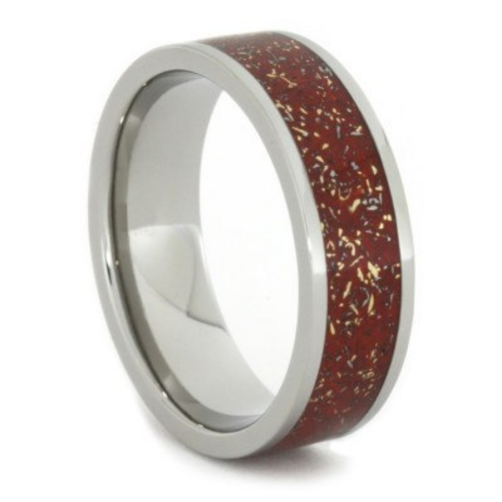 Colored Stardust and Gold and Metorite Shavings Red, Orange and Yellow Inlay 7mm Comfort-Fit Titanium Ring.