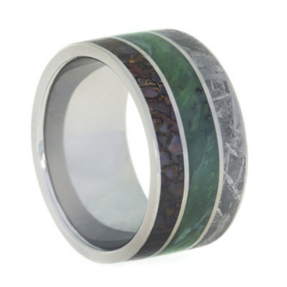 Green Jade with Gibeon Meteorite and Dinosaur Bone Inlay 12mm Comfort-Fit Polished Titanium Ring. 