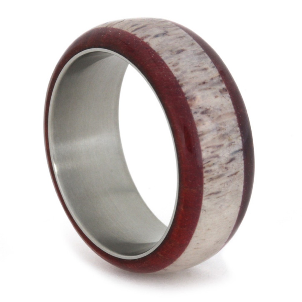 Deer Antler and Ruby Redwood Overlay 9mm Comfort-Fit Polished Titanium Ring 