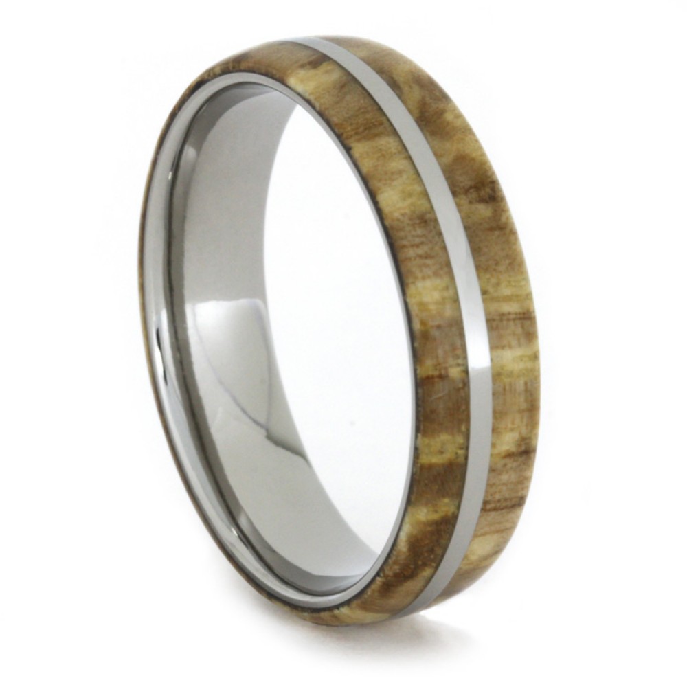 Black Ash Burl Wood overlay 6mm Comfort-Fit Polished Titanium Ring. 