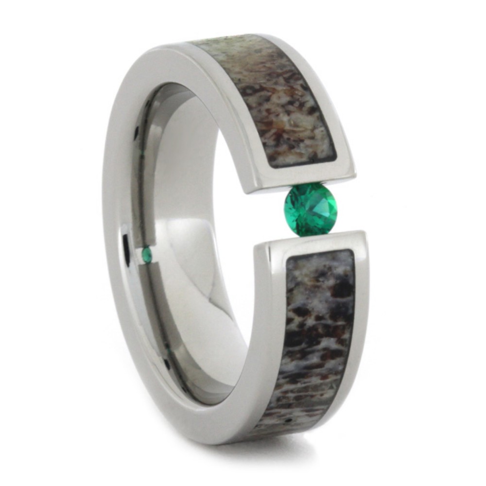 Emerald with Antler inlay 6mm Comfort-Fit Polished Titanium Ring. 