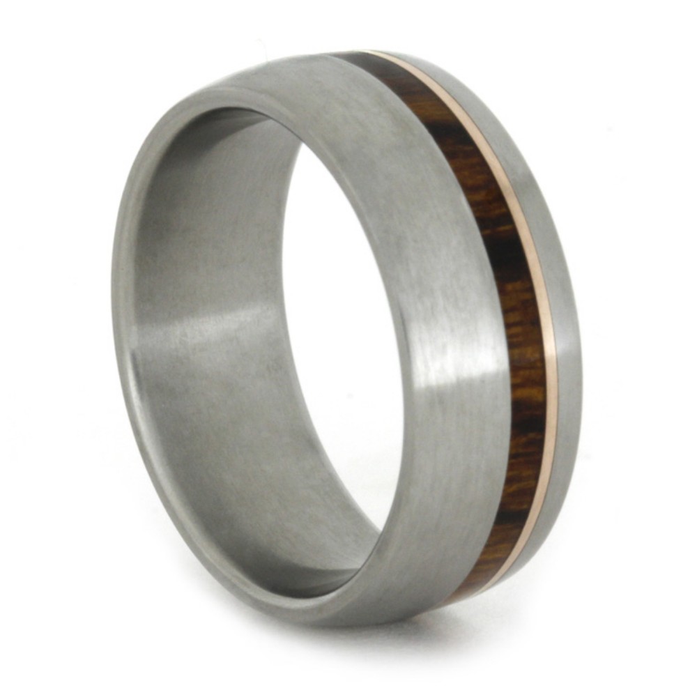 Ironwood and 14k Rose Gold Inlay 7.5mm Comfort-Fit Matte Titanium Ring. 