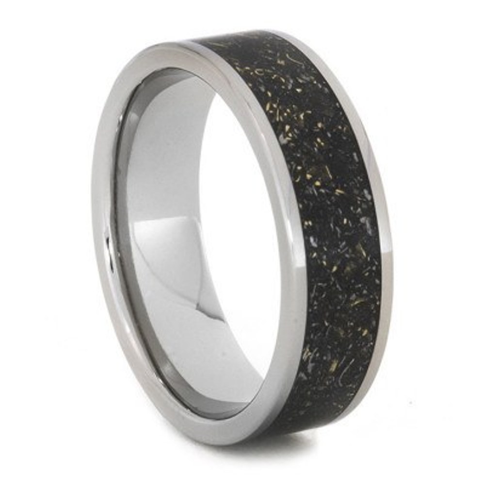 Meteorite Shavings in Black or White, 14k Yellow Gold 7mm Comfort-Fit Titanium. 