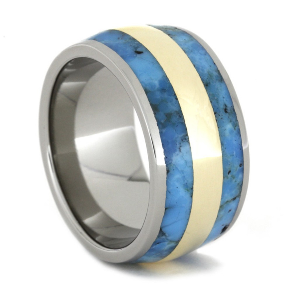 Turquoise and 14k Yellow Gold Pinstripe Inlay 11.5 Comfort-Fit Polished Titanium Ring. 