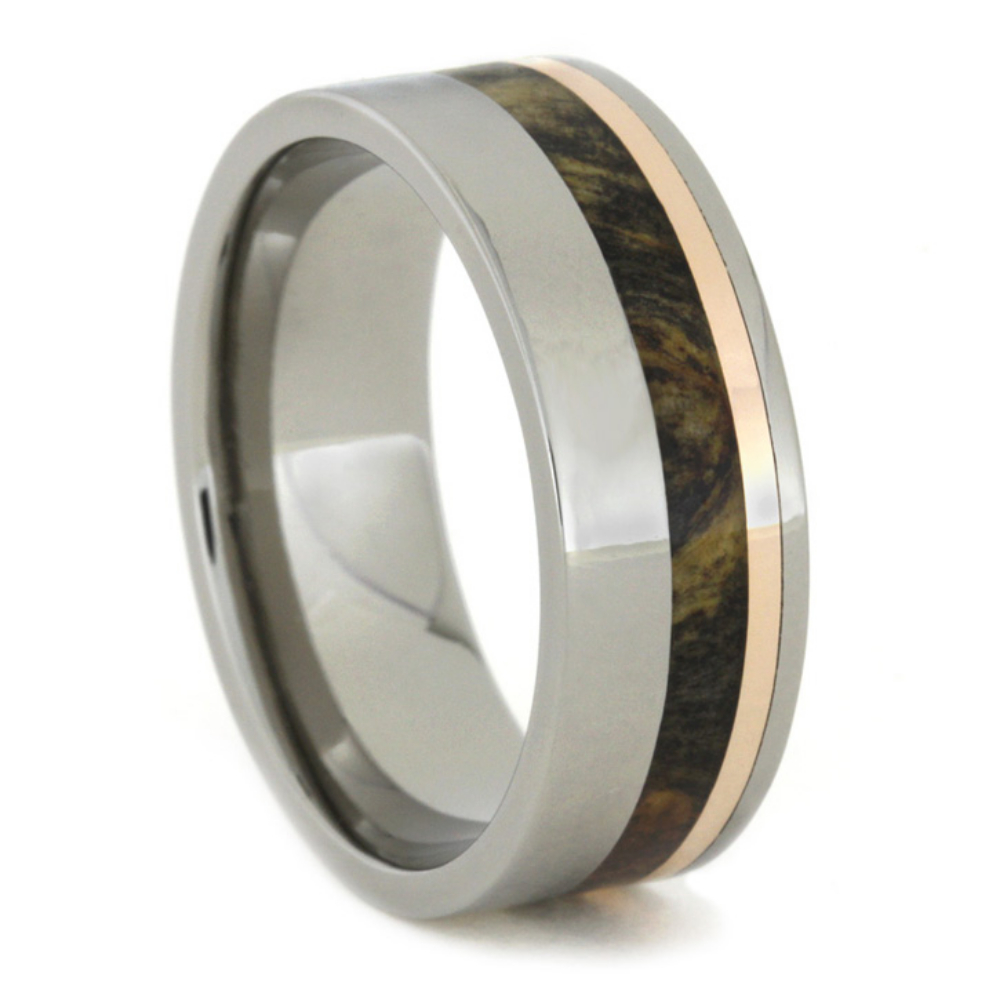 Buckeye Burl Wood and 14k Rose Gold Inlay 8mm Comfort-Fit Polished Titanium Ring. 