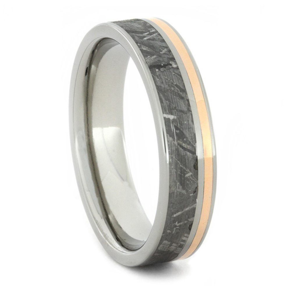 Meteorite and 14k Rose Gold Pinstripe Inlay 5.5 Comfort-Fit Polished Titanium Ring. 