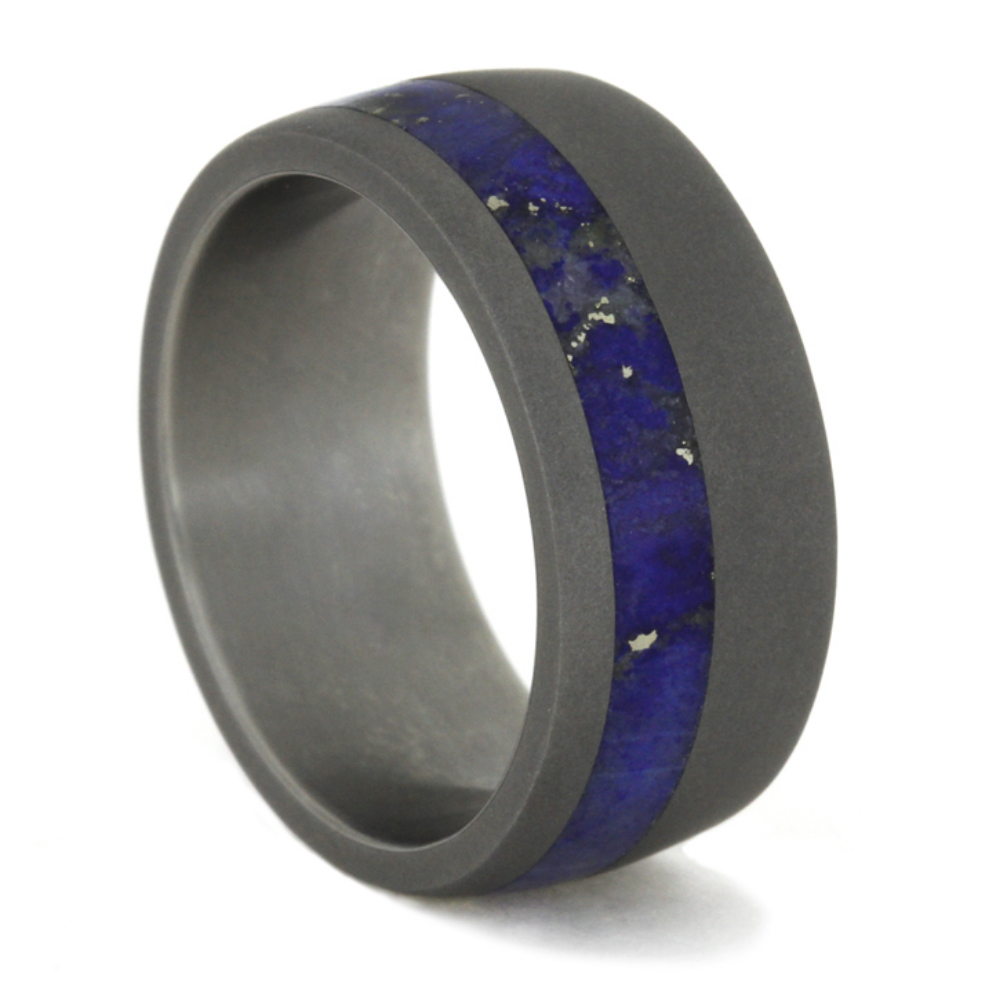 Lapis Lazuli Inlay 9mm Comfort-Fit Sandblasted Titanium Ring. 