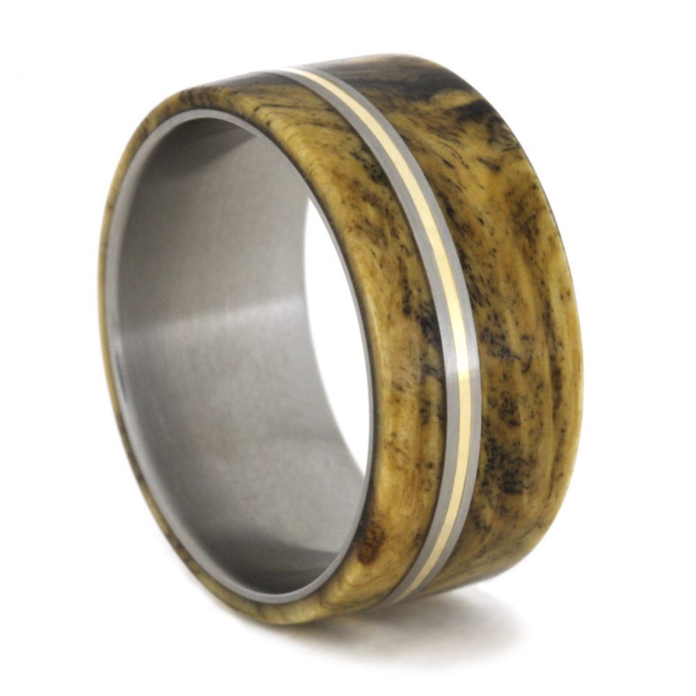 Buckeye Burl Wood Overlay with Bronze Pinstripe 10mm Comfort-Fit Matte Titanium Ring. 