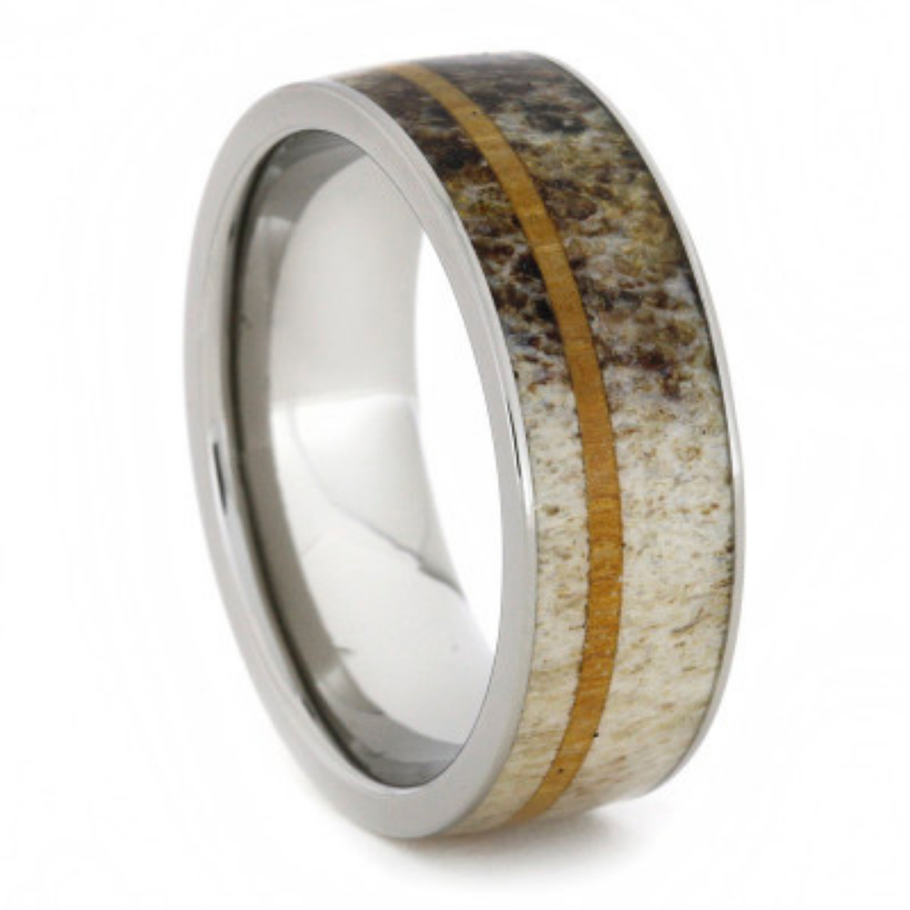 Oak Wood and Antler Inlay 8mm Comfort-Fit Polished Titanium Ring. 