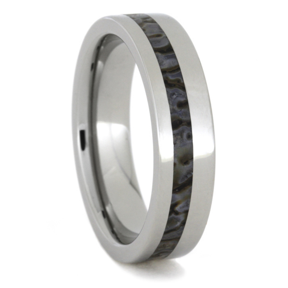 Dinosaur Bone Inlay 6mm Comfort-Fit Polished Titanium Ring. 