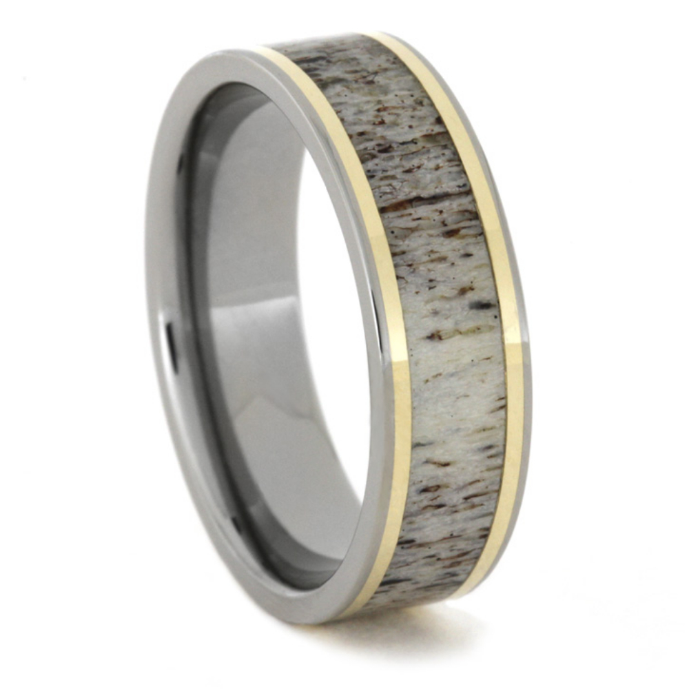 Antler Inlay 14k Yellow Gold pinstripe Inlay 7mm Comfort-Fit Polished Titanium Ring. 