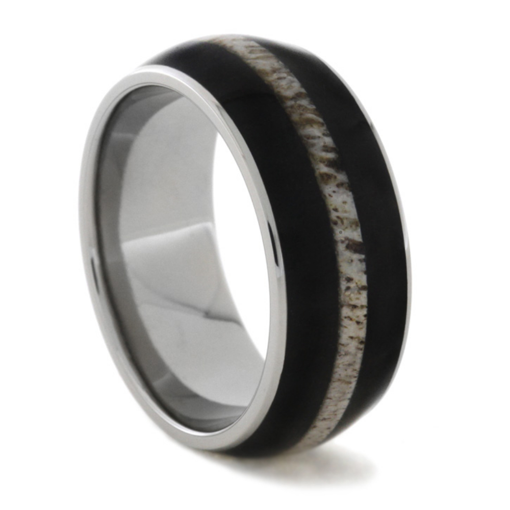 African Blackwood and Antler Inlay 9mm Comfort-Fit Polished Titanium Ring. 