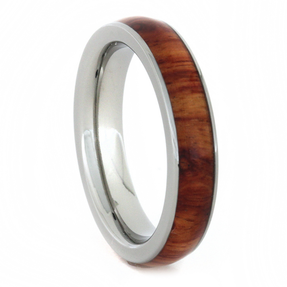 Tulip Wood Inlay 4mm Comfort-Fit Polished Titanium Ring. 