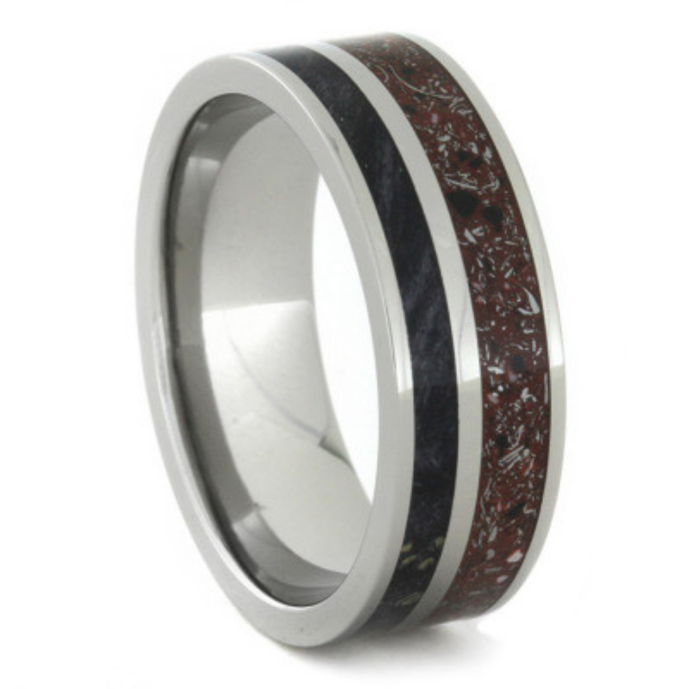 Red Stardust Concrete and Black Box Elder Inlay 8mm Comfort-Fit Polished Titanium Ring. 