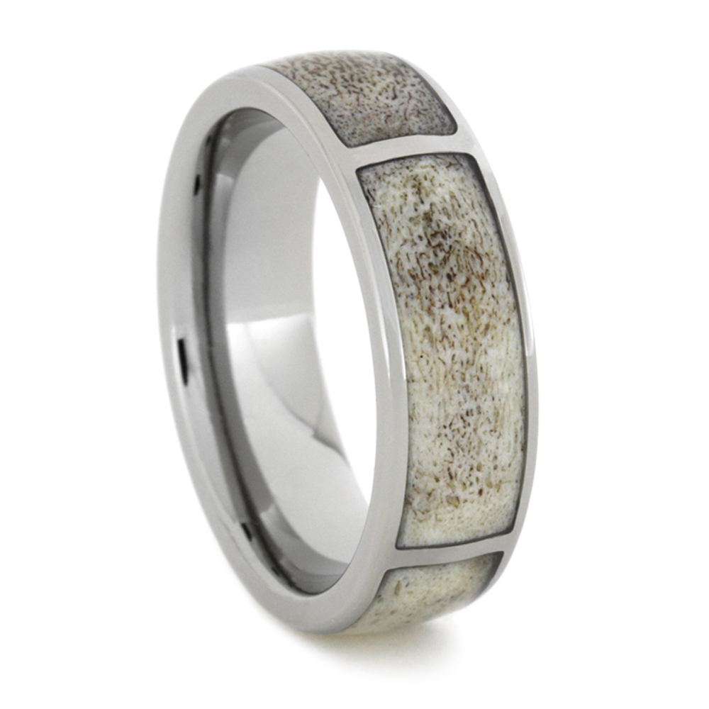 Antler Partial Inlays 6mm Comfort-Fit Polished Titanium Ring. 