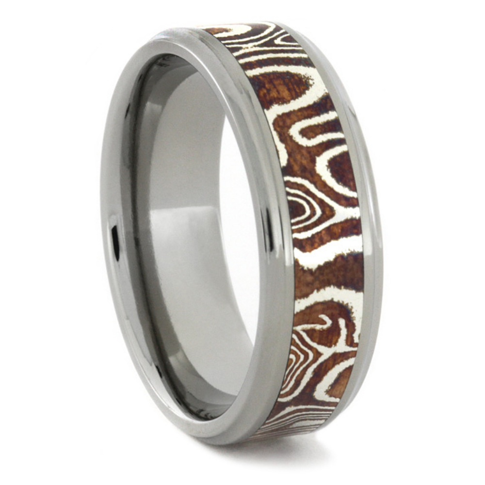 Copper and Silver Mokume Gane with Concave Edge 7mm Comfort-Fit Polished Titanium Ring. 