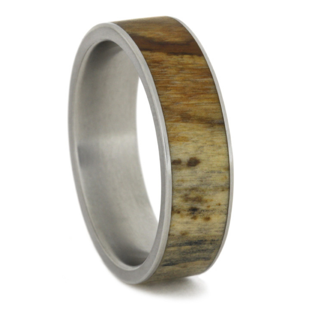 Petrified Wood Inlay 7mm Comfort-Fit Matte Titanium Good Luck Ring. 