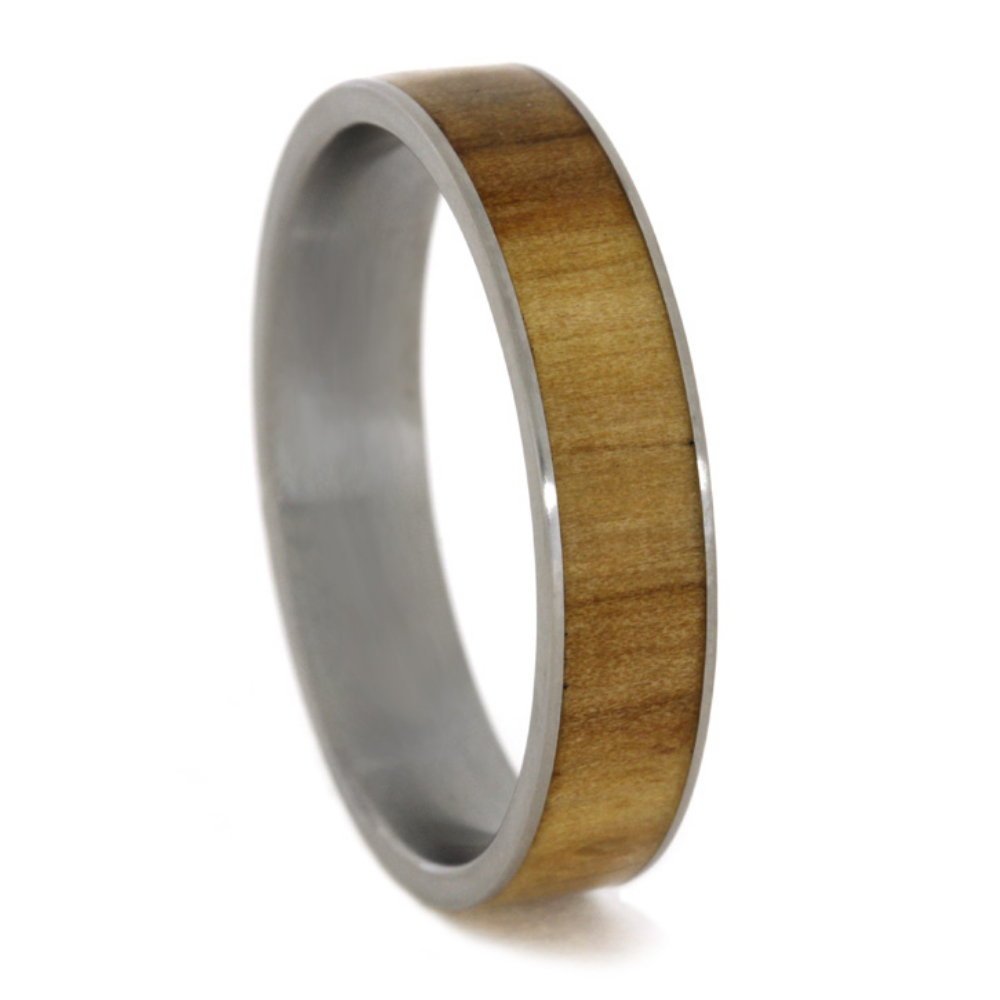 Rowan Wood Inlay 6mm Comfort-Fit Matte Titanium Good Luck Ring. 