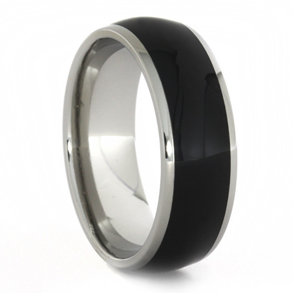 Ebony Wood Inlay 8mm Comfort-Fit Polished Titanium Ring. 