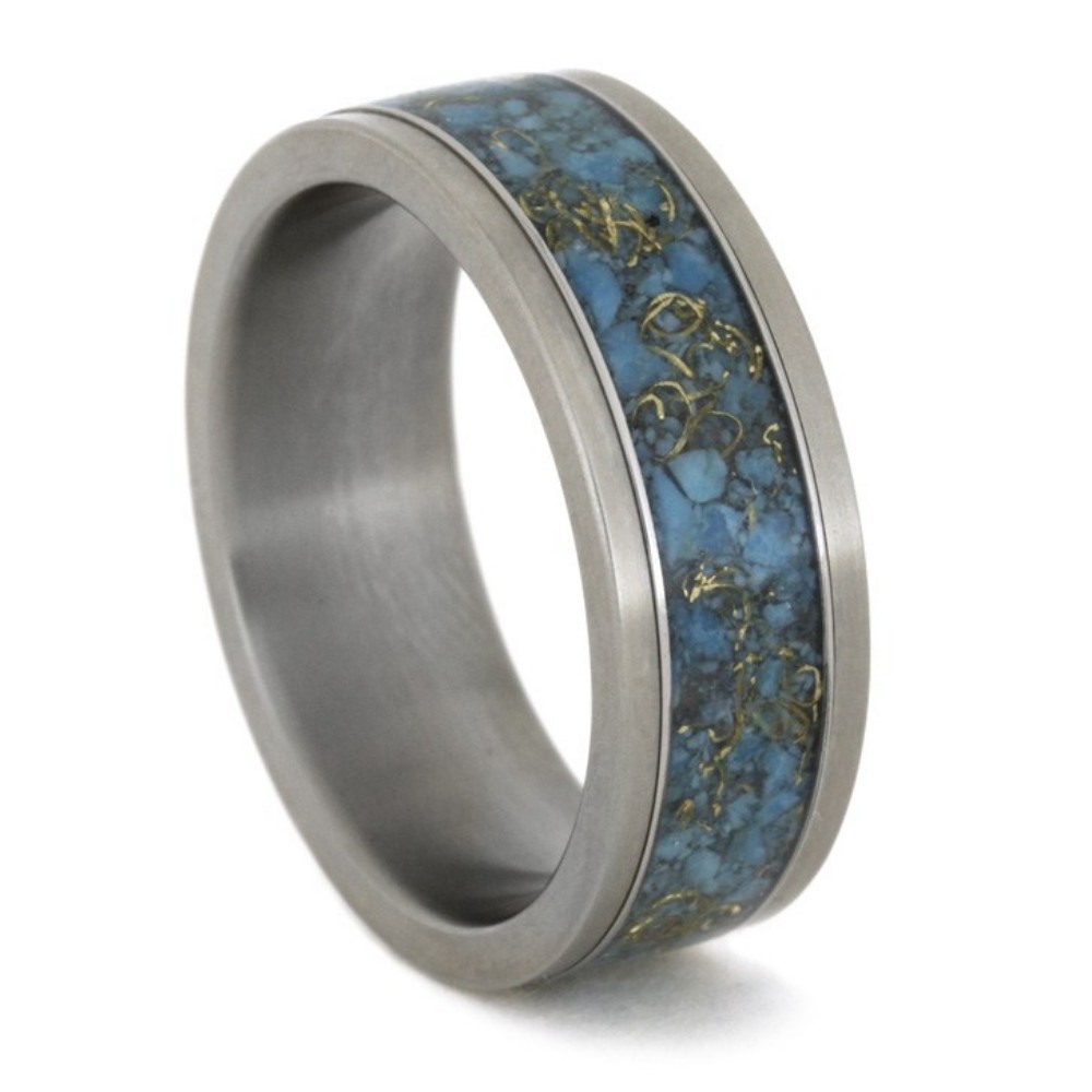 Turquoise, 14k Yellow Gold Inlay 8mm Comfort-Fit Matte Titanium Band. 