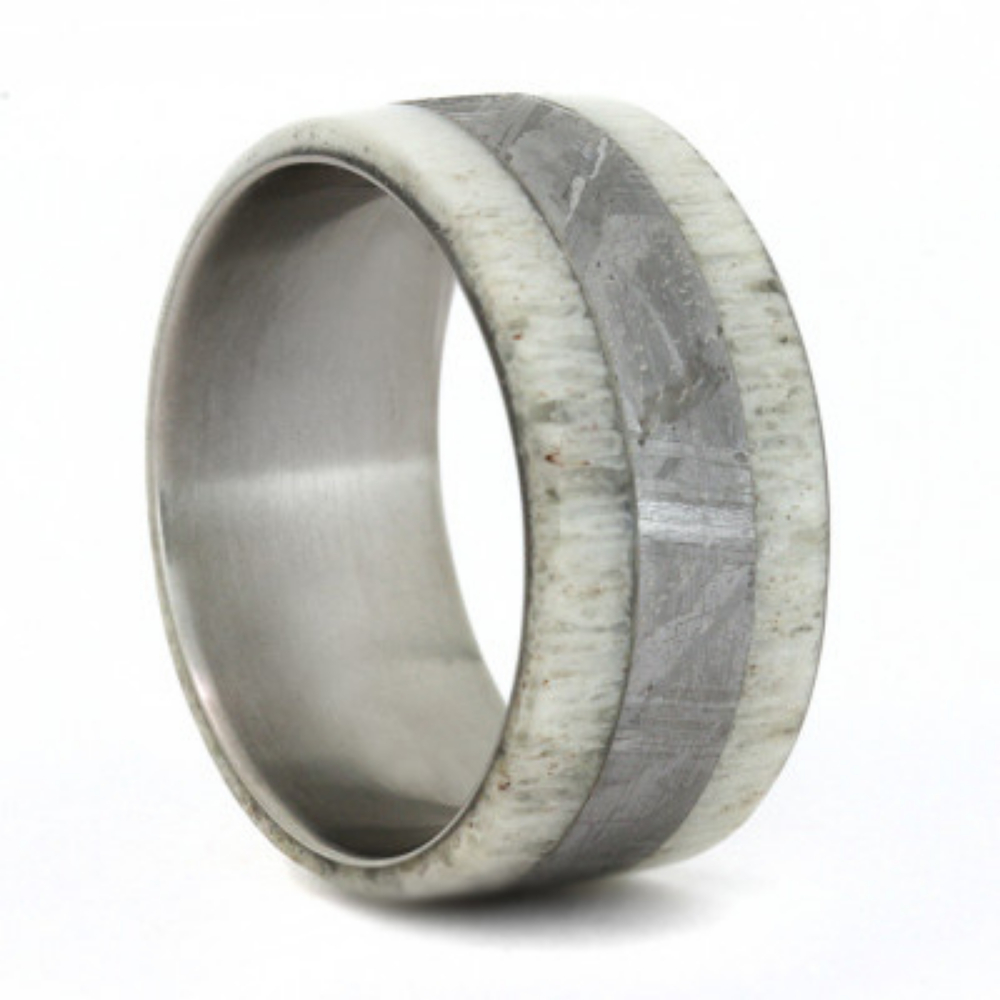 Antler and Gibeon Meteorite Overlay 10mm Comfort-Fit Polished Titanium Band. 