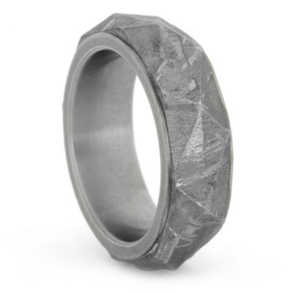 Domed Angular Cut Meteorite Inlay 7mm Comfort-Fit Matte Titanium Band. 