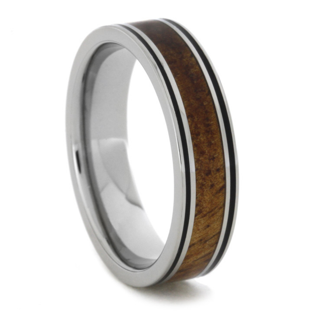 Koa Wood and Black Enamel Pinstripe Inlay 6mm Comfort-Fit Polished Titanium Band. 