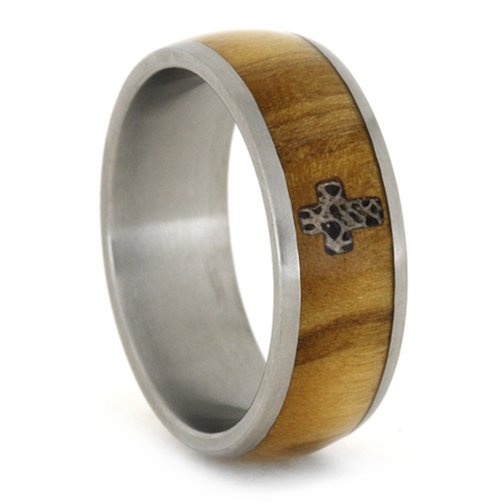 Bethlehem Olive Wood Inlay with Antler Cross 8mm Comfort-Fit Matte Titanium Band 