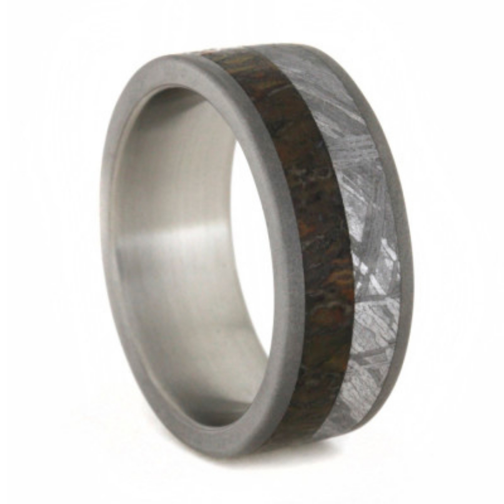 Dinosaur Bone and Meteorite Inlay 8mm Comfort-Fit Sandblasted Titanium Band. 