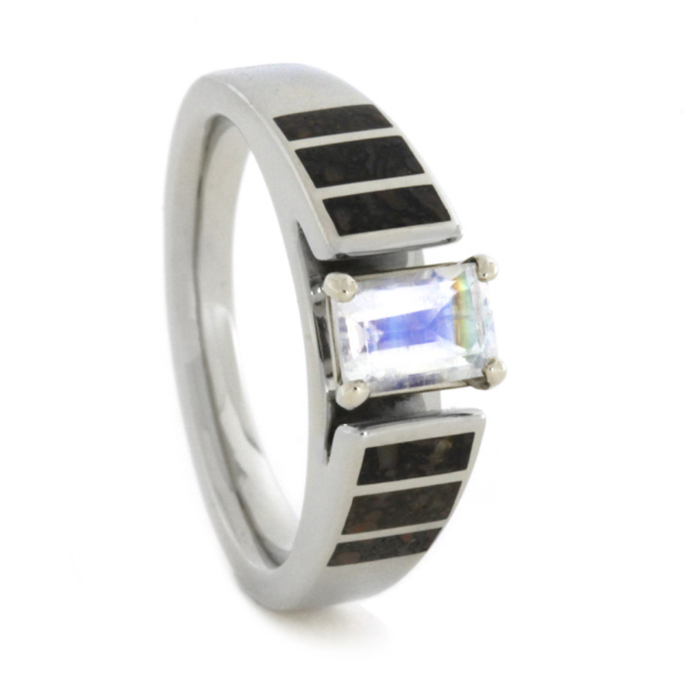 Cathedral Profile Dinosaur Bone Partial Inlays with 14k White Gold Sleeve 5mm Comfort-Fit Titanium Band. 