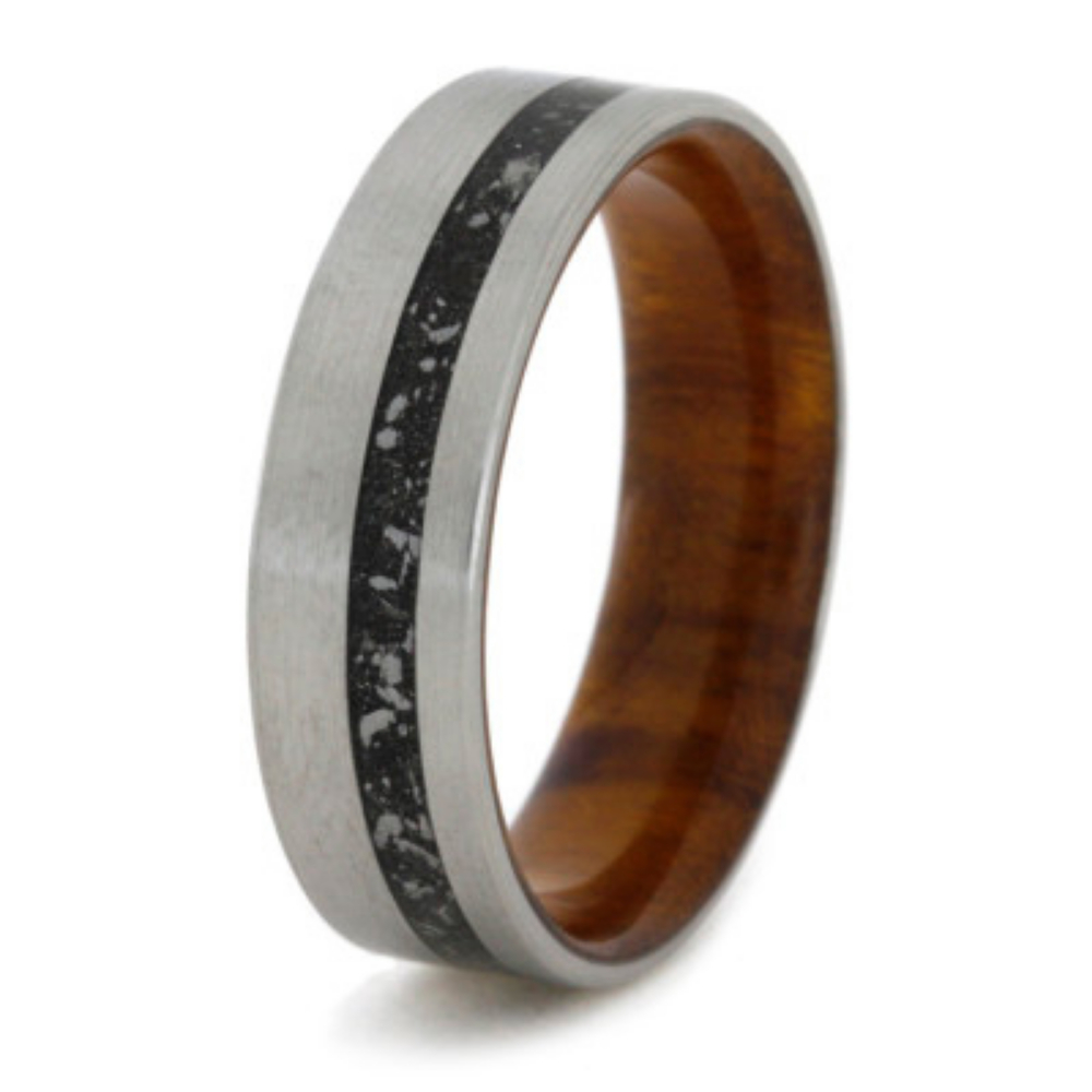 Stardust Meteorite Shavings with Ironwood Burl Sleeve 6mm Comfort-Fit Brushed Titanium Band. 