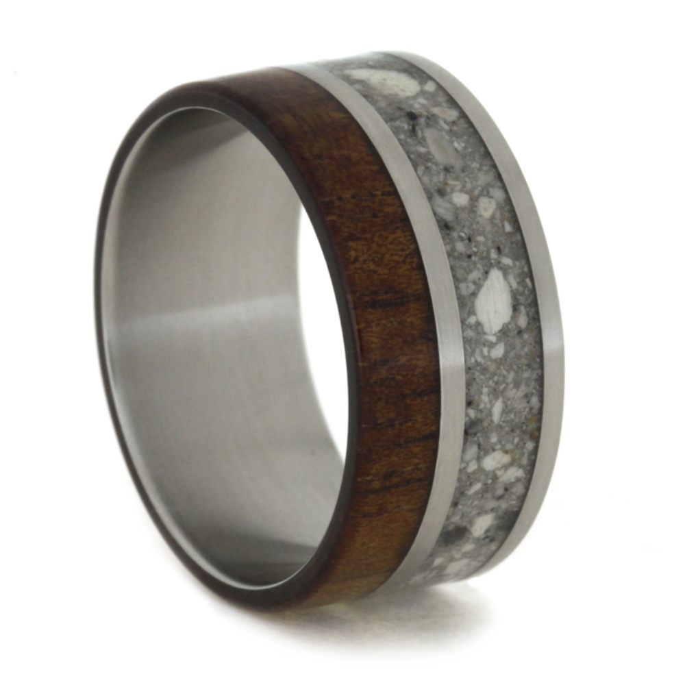 Koa Wood and Ashes Overlay 11mm Comfort-Fit Matte Titanium Band. 