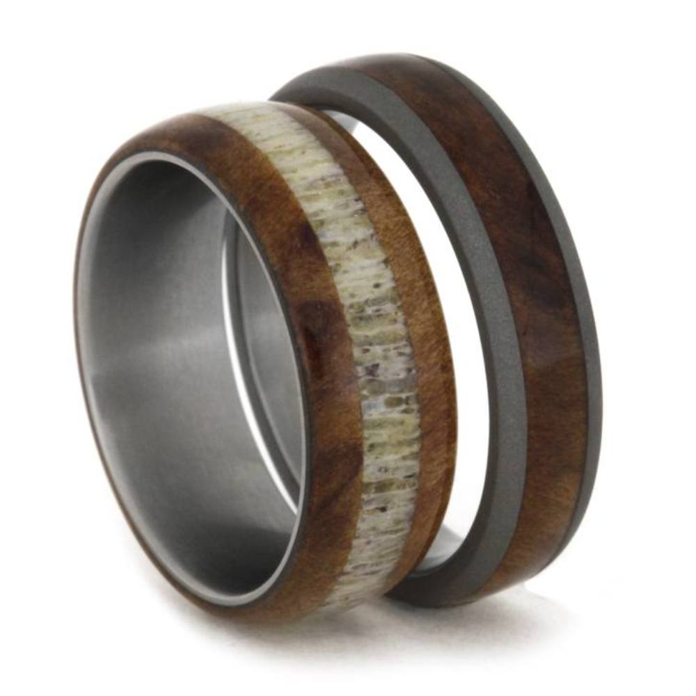 Elk Antler, Redwood Ring and Men's Redwood, Sandblasted Titanium Band and His and Hers Wedding Band Set.