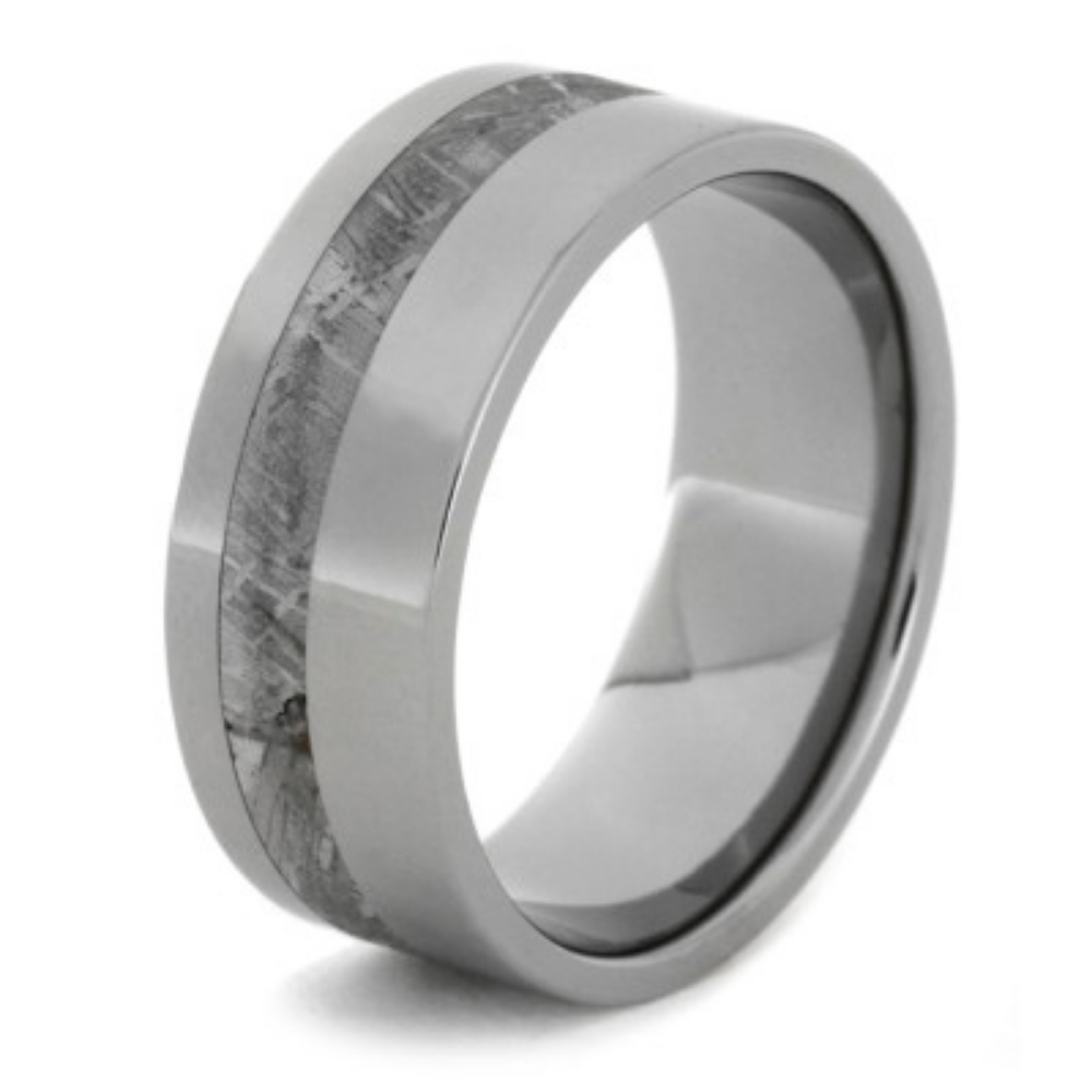 Meteorite Inlay 9mm Comfort-Fit Polished Titanium Wedding Band. 