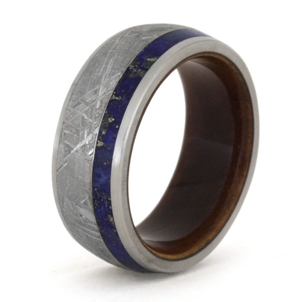 Lapis Lazuli and Gibeon Meteorite Inlay with Wood Sleeve 9mm Comfort-Fit Titanium Band. 