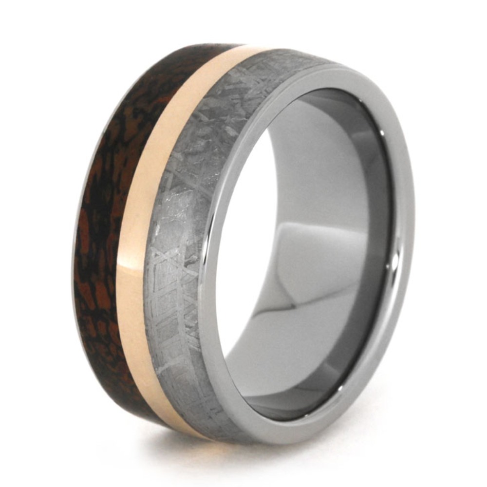 Gibeon Meteorite and Dinosaur Bone with 14k Rose Gold Overlay 10mm Comfort-Fit Titanium Band. 