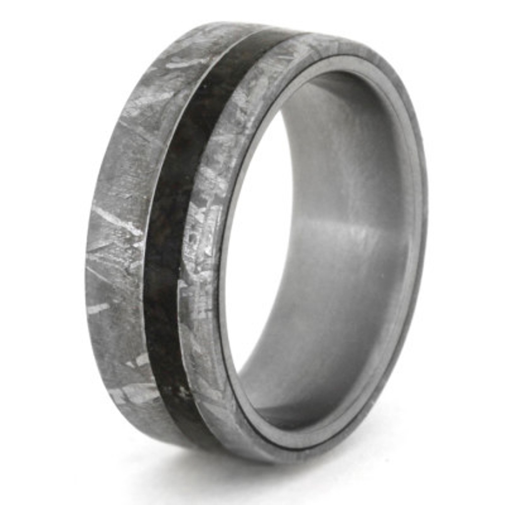 Meteorite and Dinosaur Bone Overlay 8mm Comfort-Fit Matte Titanium Band. 