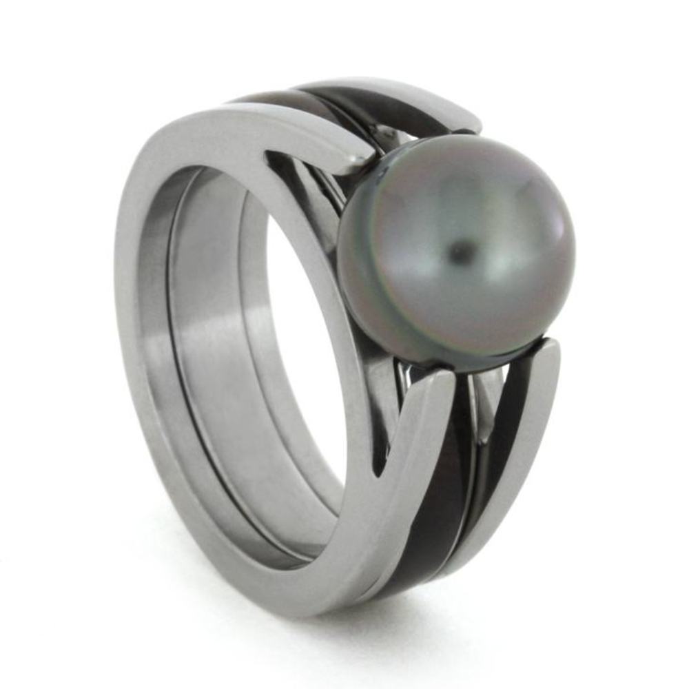 Grey Tahitian Pearl, Zircote Wood Engagement Ring, Zircote Wood Titanium Wedding Band, Bridal Ring Set 