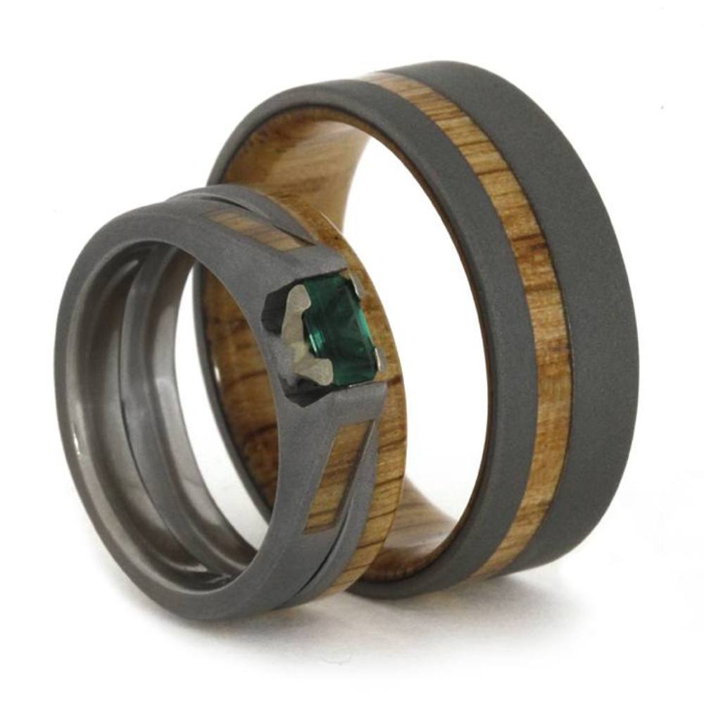 Emerald Engagement Ring, Oak Wood and His and Hers Sandblasted Titanium Wedding Band.