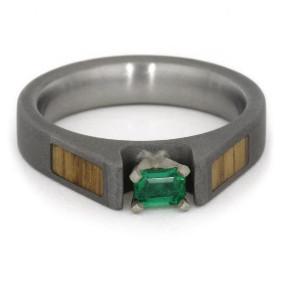 Emerald Engagement Ring, Oak Wood and His and Hers Sandblasted Titanium Wedding Band. 