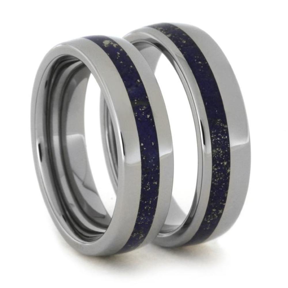 His and Hers Wedding Band Set, Center & Offset Lapis Lazuli Inlay Titanium Band.