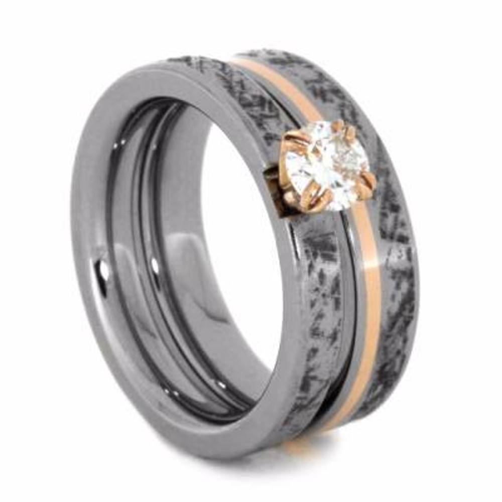 Charles & Colvard Moissanite, Mimetic Meteorite Engagement Ring, Mimetic Meteorite, 14k Rose Gold Titanium Wedding Band, Bridal Ring Set.