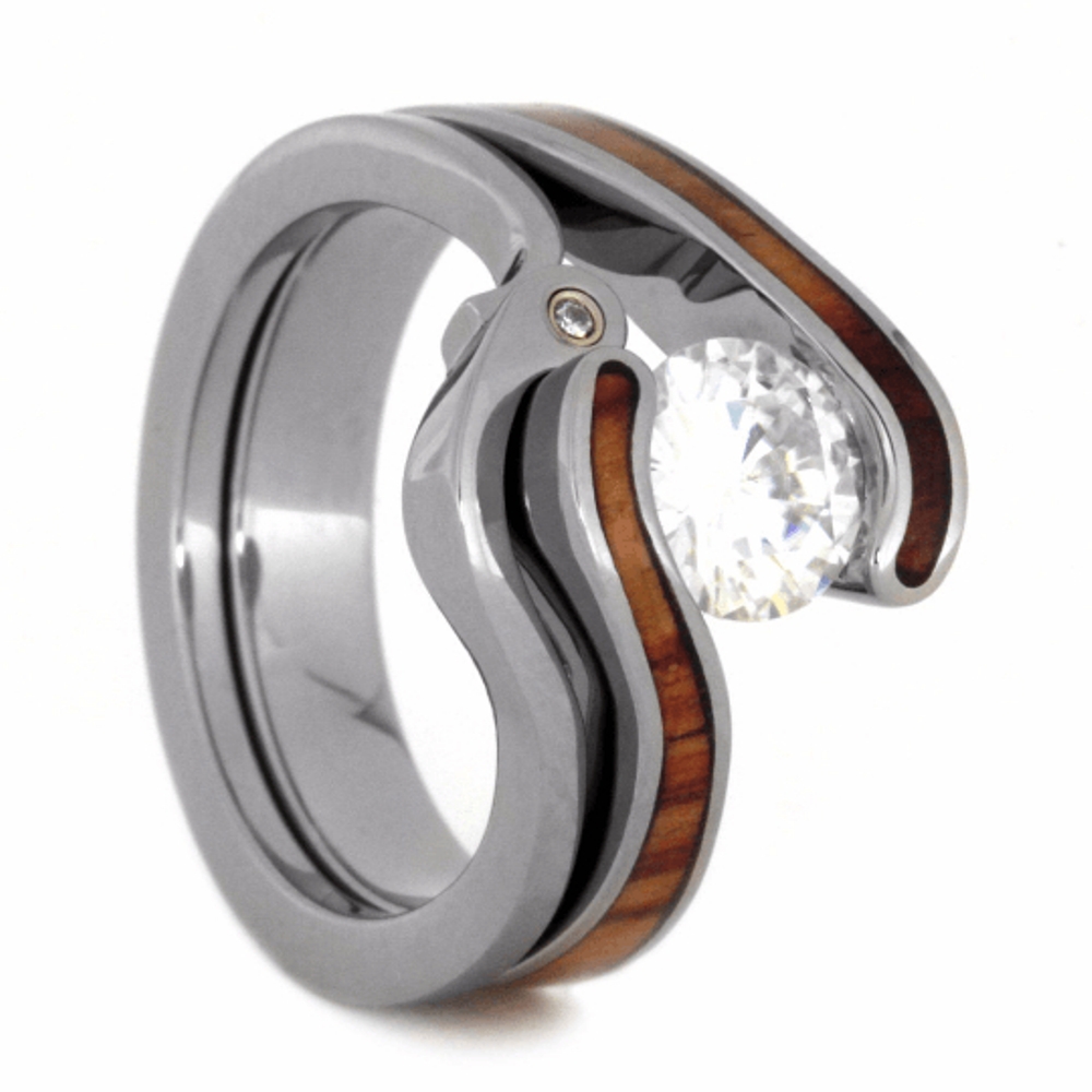 Charles & Colvard Moissanite, Tulip Wood Partial inlays Engagement Ring, Bezel Set Diamond Titanium Band, Bridal Set Ring 