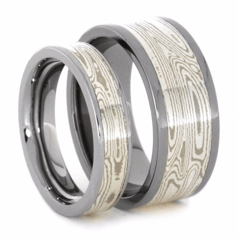 His and Hers Wedding Band Set, Palladium, White Gold, Argentium Silver Mokume Band.