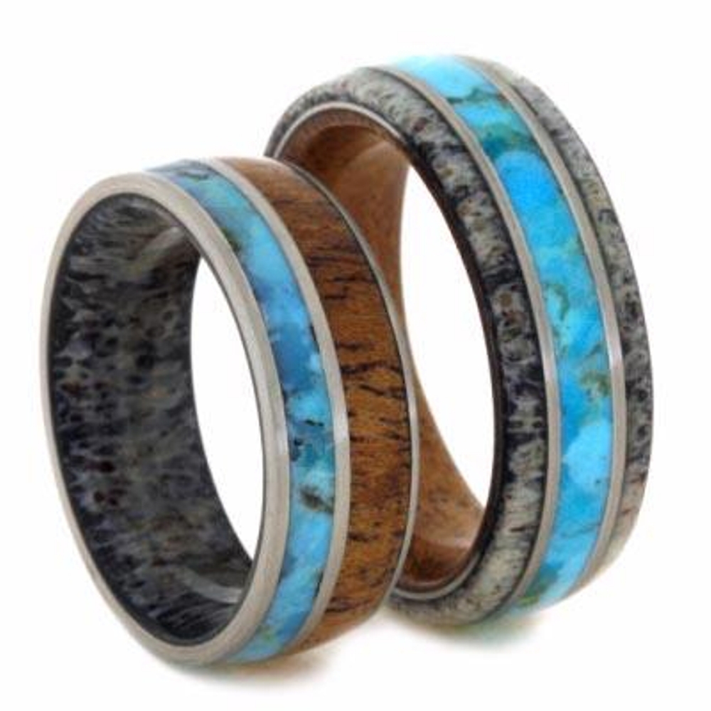 Turquoise, Mesquite Wood, Deer Antler Ring, Men's Turquoise, Antler, Mesquite Wood Ring and His and Hers Wedding Band Set.