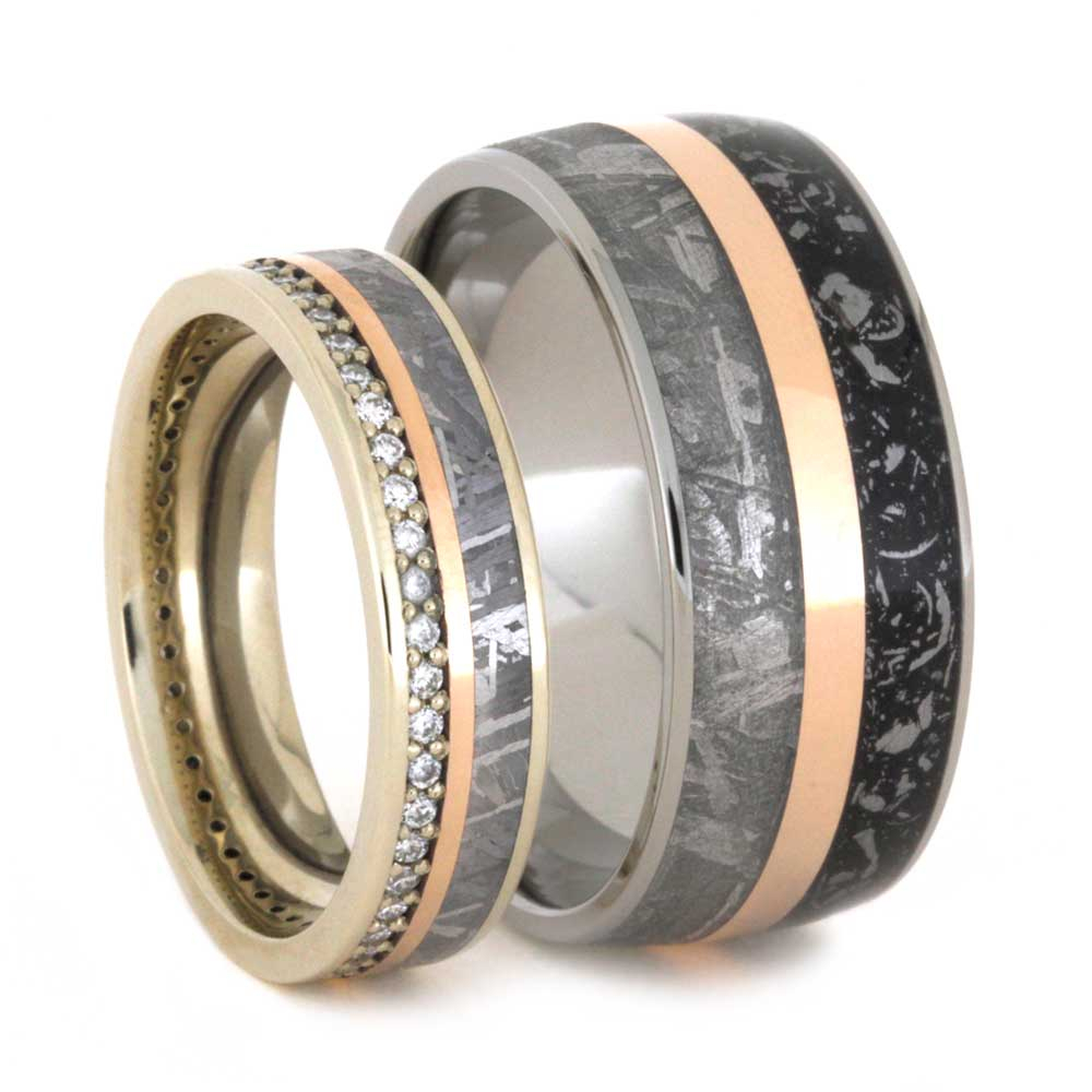 His and Hers Wedding Band Set, Diamond Eternity, Gibeon Meteorite, 14k Rose and White Gold Ring and Men's Gibeon Meteorite, Black Stardust, 14k Rose Gold Titanium Band.